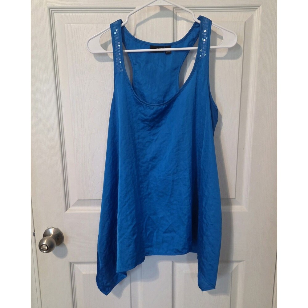 ANA Racerback Tank Top M A New Approach Blue Satiny  Sequins Handkerchief Hem